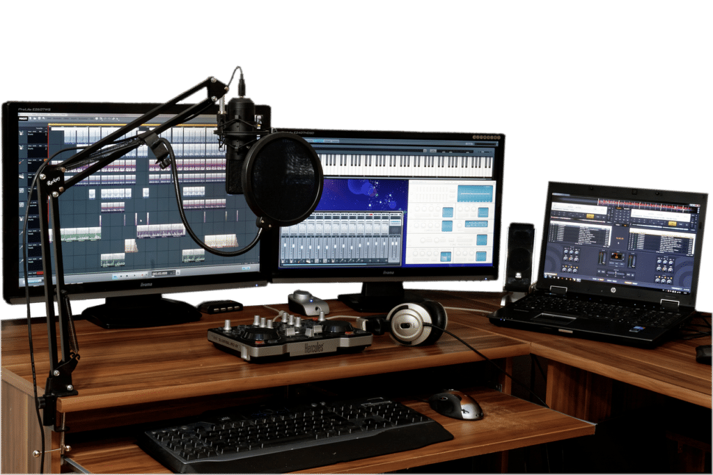 A person recording a podcast in a soundproof room with a microphone and headphones.