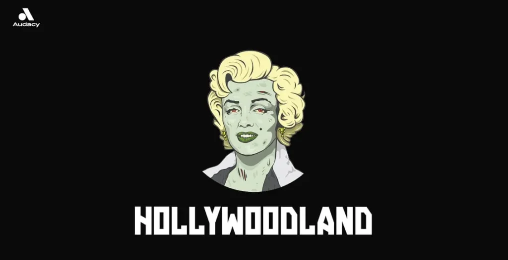 Podcast cover for Hollywoodland podcast by Jake Brennan and Audacy—true crime meets entertainment history