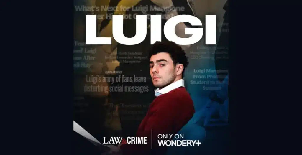 ‘LUIGI’ podcast cover featuring host Jesse Weber and images related to the high-profile Luigi Mangione case.