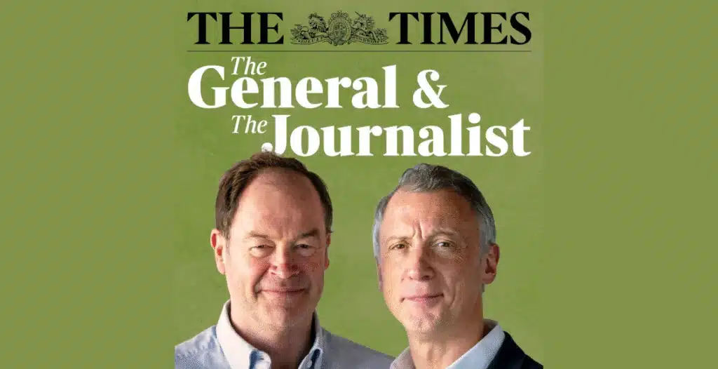 Podcast cover of General Sir Patrick Sanders and journalist Tom Newton Dunn in their new podcast series