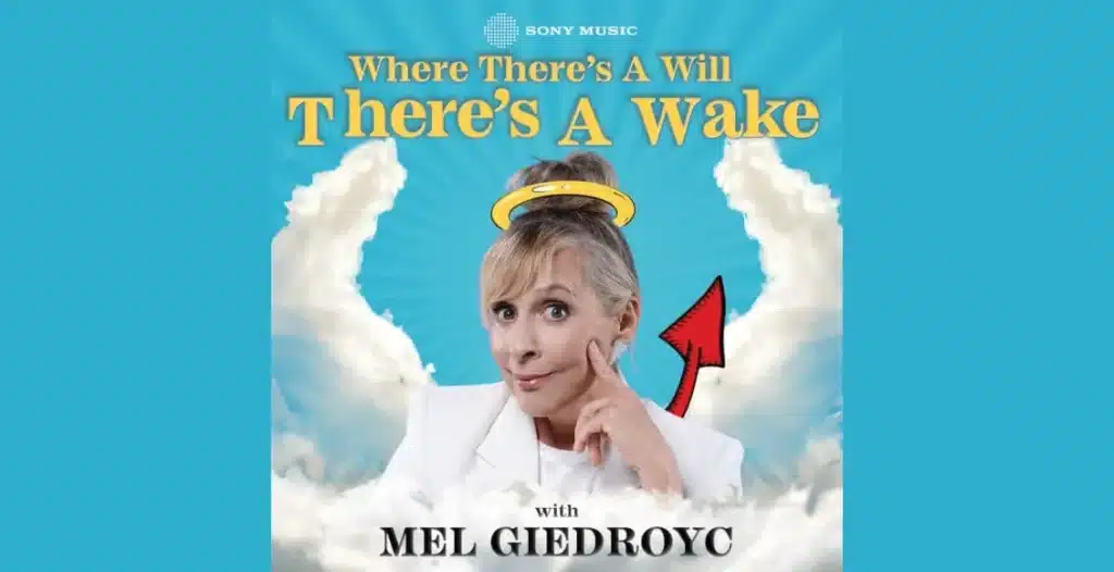 Podcast cover of Mel Giedroyc smiling during a podcast recording session.