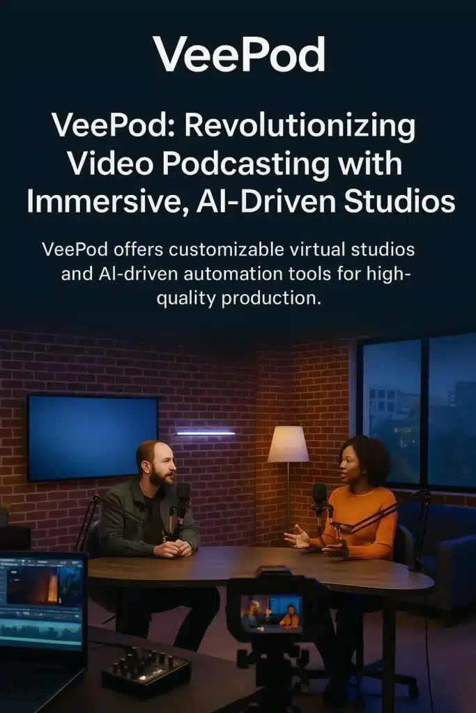 VeePod virtual podcast studio setup showcasing customizable set design and lighting.