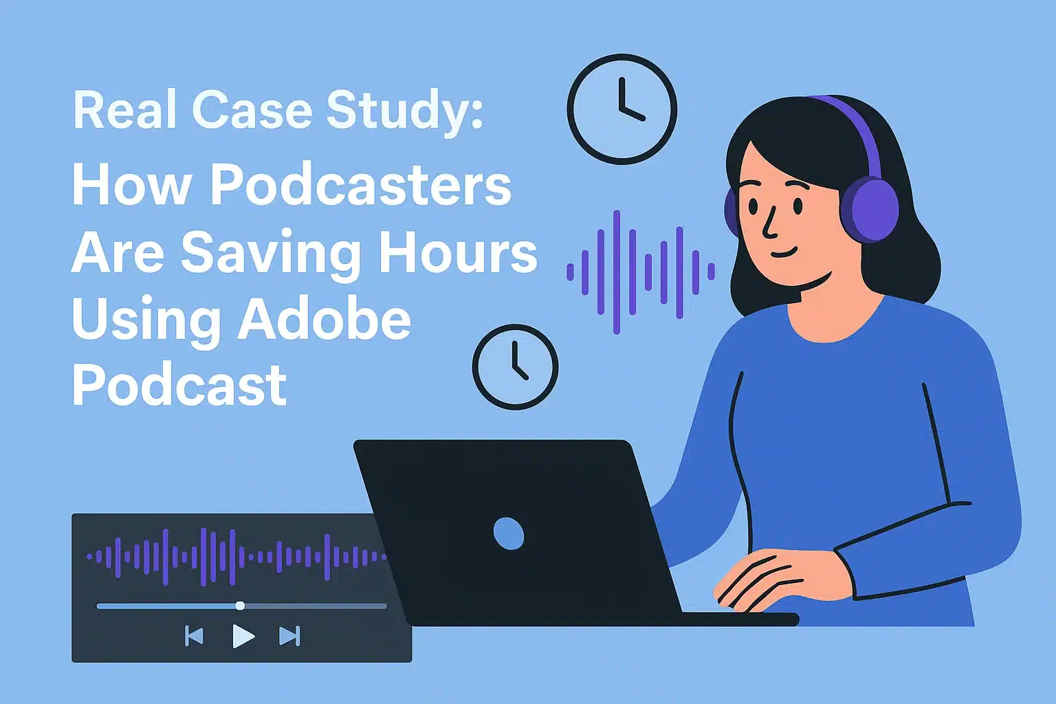 A digital illustration showing a podcast waveform, clock icons, and a creator editing audio using Adobe Podcast, symbolizing time-saving features.