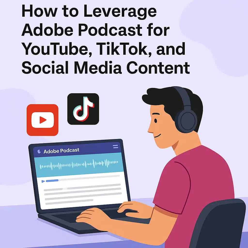 A modern content creator using Adobe Podcast to repurpose podcast audio into TikTok and YouTube clips, with visual waveform and captions on screen.