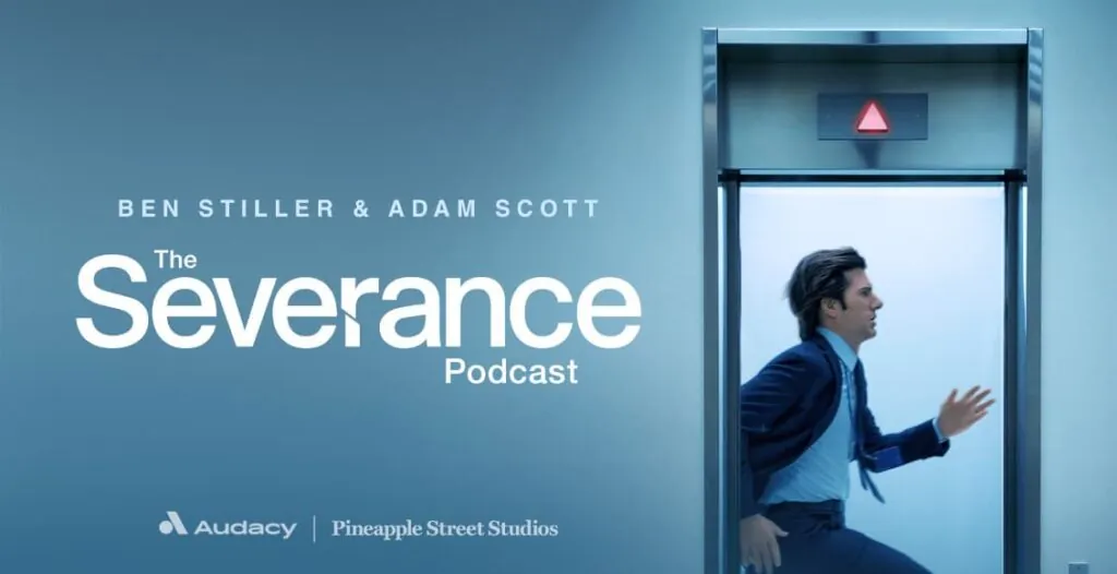 Ben Stiller and Adam Scott behind microphones for The Severance Podcast 2025 season launch