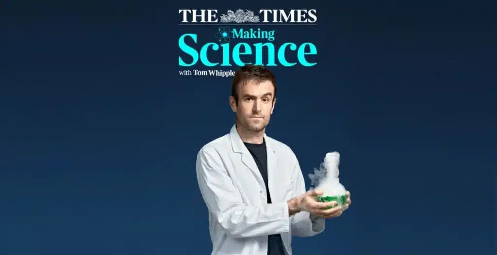 Cover art for The Times’ science podcast “Making Science with Tom Whipple,” featuring illustrations of quirky scientific themes and host Tom Whipple