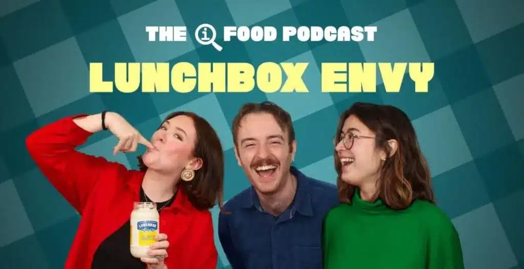 Cover art of Lunchbox Envy podcast featuring Rosie MacKean, Jack Chambers, and Manu Henriot with illustrated lunchboxes and iconic ingredients.