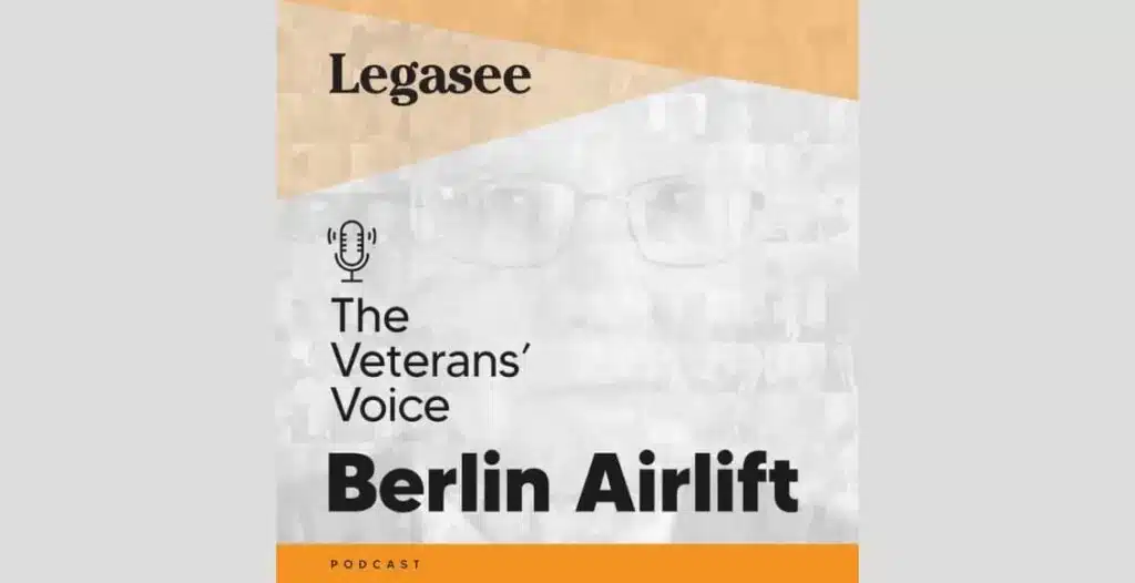 Cover art of "The Veterans' Voice: Berlin Airlift" podcast series showing British aircraft in flight during the 1948 Berlin Airlift mission.