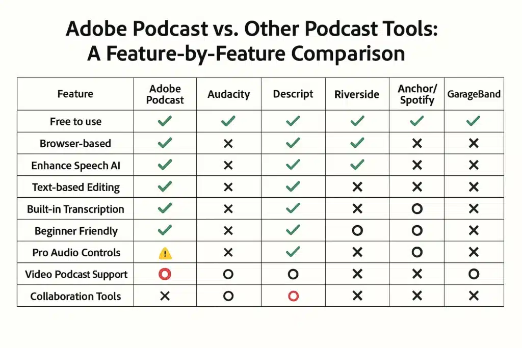 Feature comparison chart showing Adobe Podcast vs other podcast software tools.