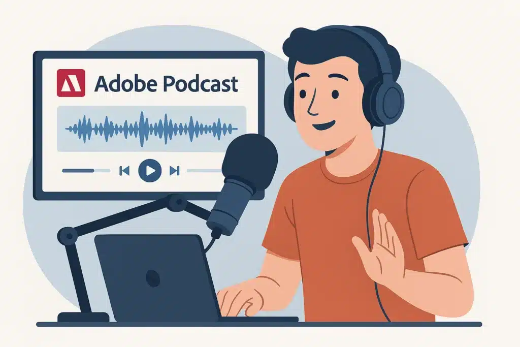 Illustration of a beginner podcaster recording into a mic with Adobe Podcast interface open in browser.