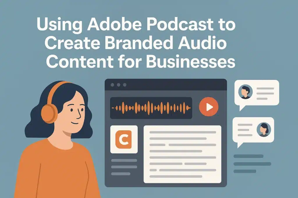 Illustration of a brand-focused podcast interface using Adobe Podcast with waveform, company logo, and team comments.