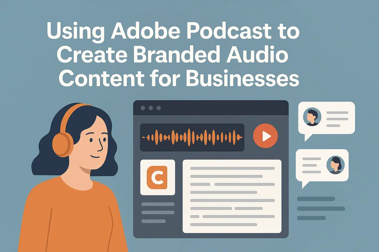 Illustration of a brand-focused podcast interface using Adobe Podcast with waveform, company logo, and team comments.