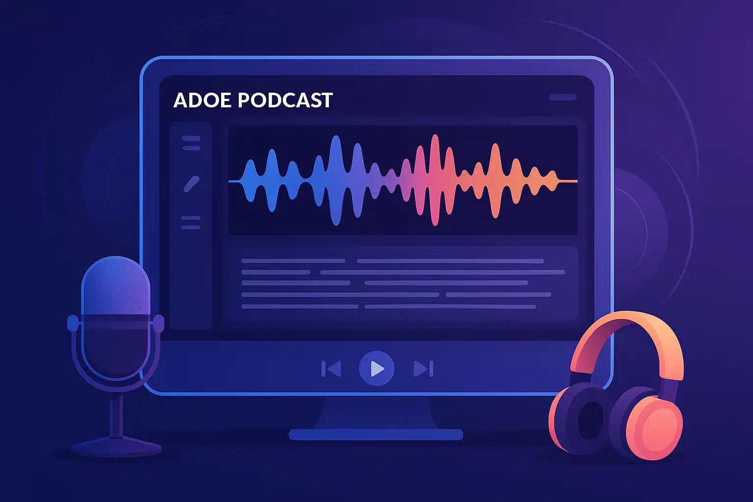Illustration of futuristic podcast editing interface powered by Adobe AI with waveforms and text.