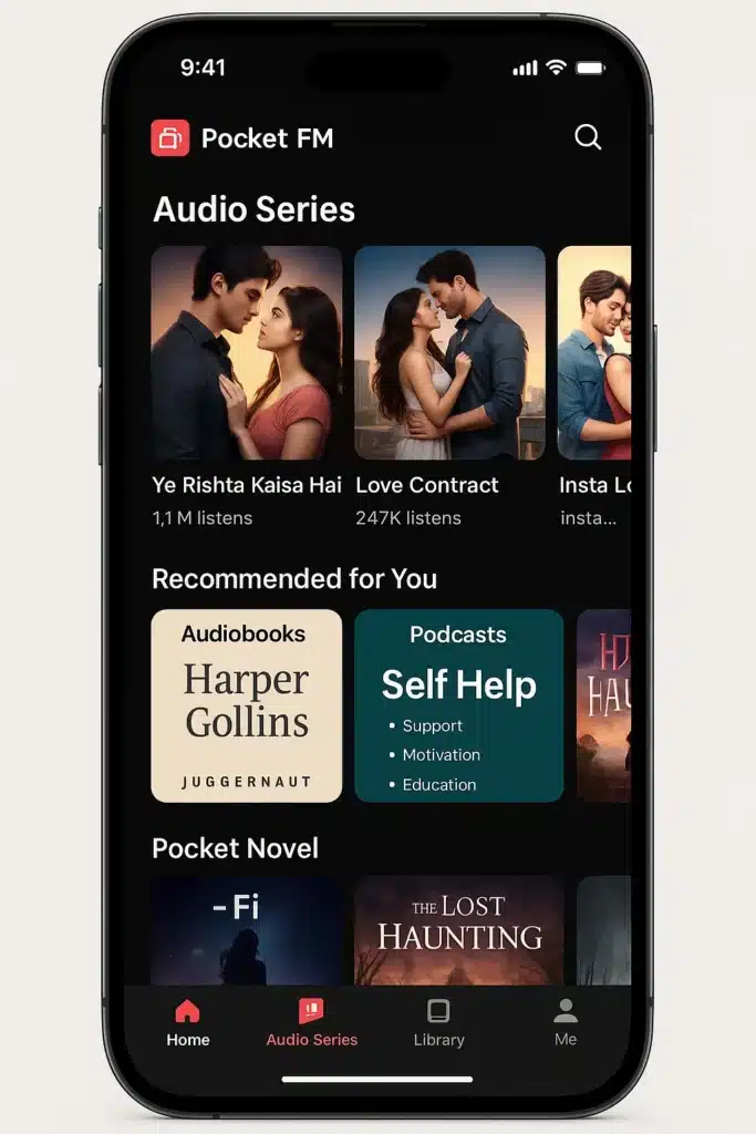Pocket FM app interface showcasing various audio series and user options.
