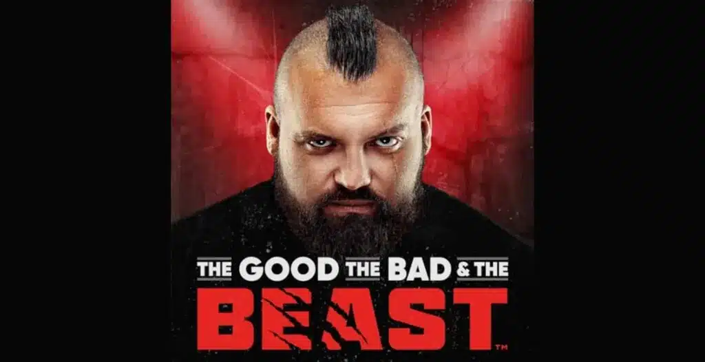 Podcast cover art for Eddie Hall’s debut series The Good, The Bad & The Beast, featuring bold text and visuals of Eddie and his guests