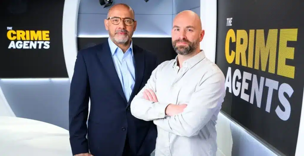 Podcast cover for “The Crime Agents” showing hosts Neil Basu and Andy Hughes against a backdrop of London police imagery