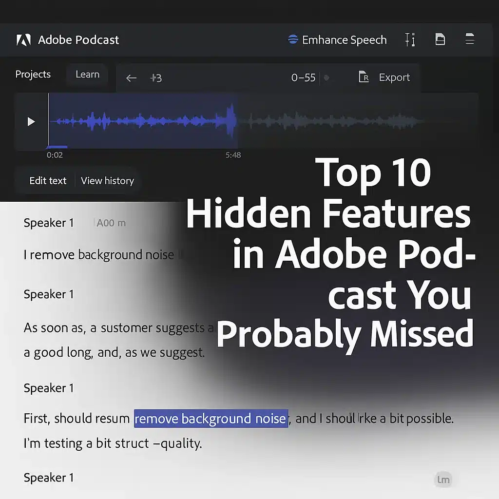 Podcast editing dashboard with hidden Adobe Podcast features highlighted.