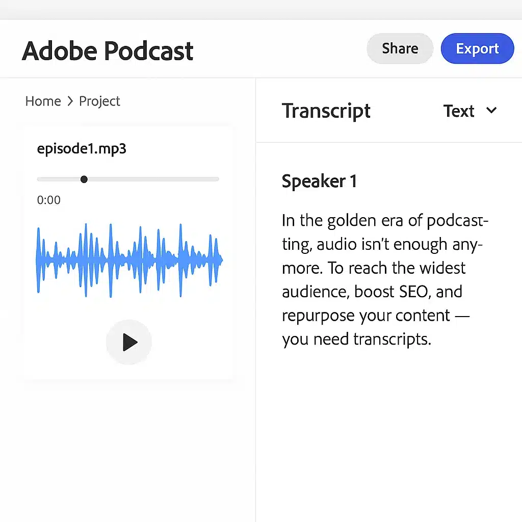 Screenshot showing Adobe Podcast transcription panel with audio synced to editable text.