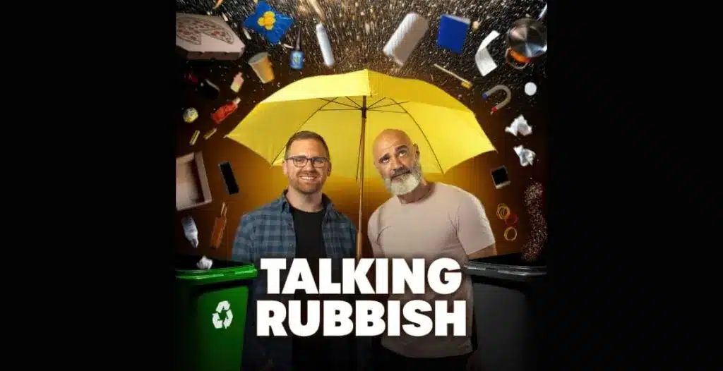 Talking Rubbish Podcast Cover Art featuring hosts Robbie Staniforth and James Piper with playful eco-themed graphics