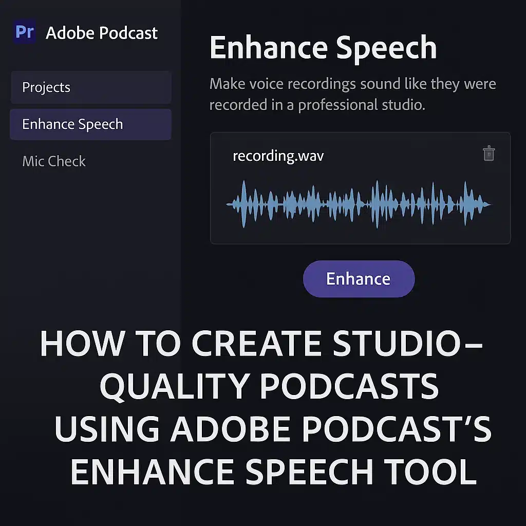 Waveform showing Adobe Podcast’s Enhance Speech effect on noisy audio transformed into clean studio voice.