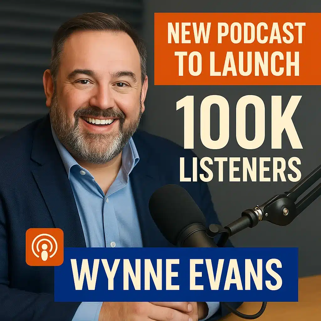  high-quality blog banner image featuring Wynne Evans, a microphone, podcast elements, and a "100K listeners" highlight.