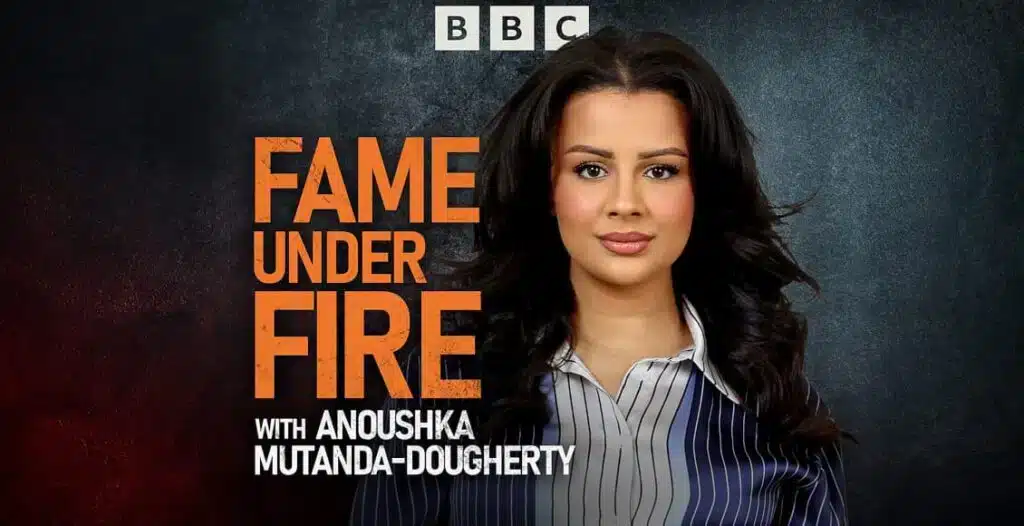 Anoushka Mutanda‑Dougherty hosting Fame Under Fire podcast—BBC logo in the background