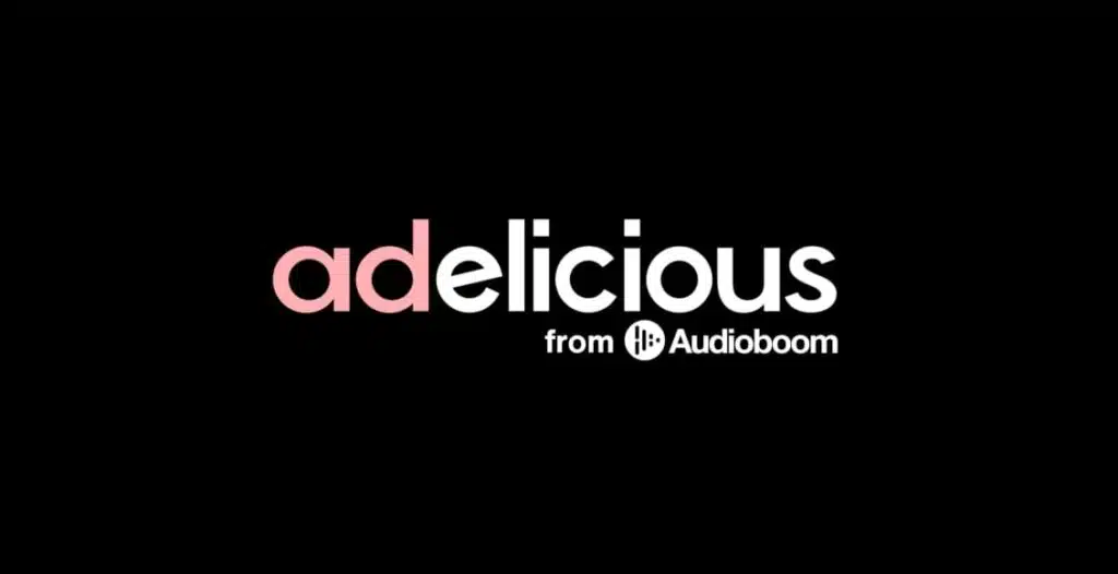 Audioboom and Adelicious logos merged with microphone and podcast icons representing the UK’s largest podcast network