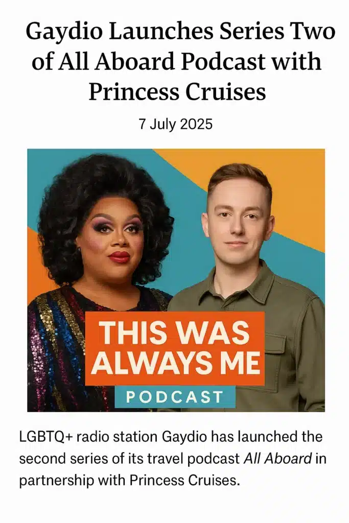 Cover Art of All Aboard Podcast with Drag Queen Host and Gaydio Presenter in Vibrant Cruise Setting