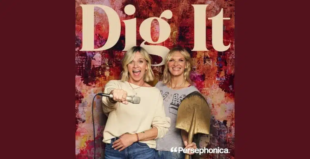 Cover art of DIG IT podcast featuring Zoe Ball and Jo Whiley smiling on a colourful sofa, microphones in hand