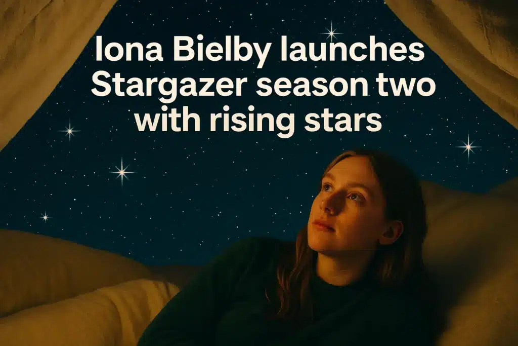  Iona Bielby interviewing rising music artist under starry ceiling in Stargazer blanket fort for Season 2 launch.