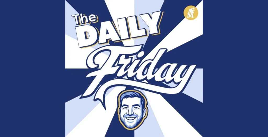 Jack Lawler behind the mic at The Daily Friday podcast studio; Cover art of The Daily Friday podcast; Comedian Jack Lawler performing a sketch; Almost Friday Media logo