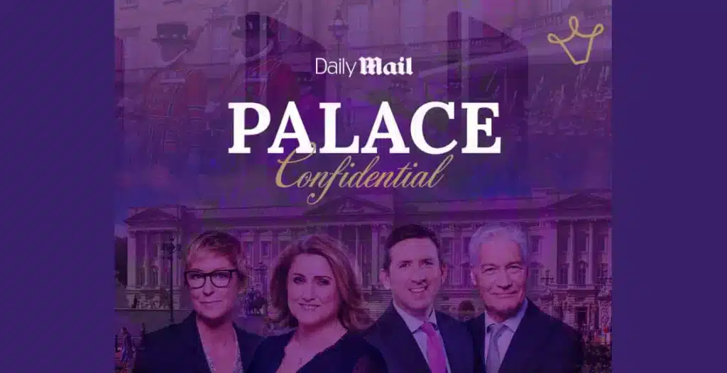 Jo Elvin hosting Palace Confidential with royal photo montage in background – now available on Spotify and via newsletter
