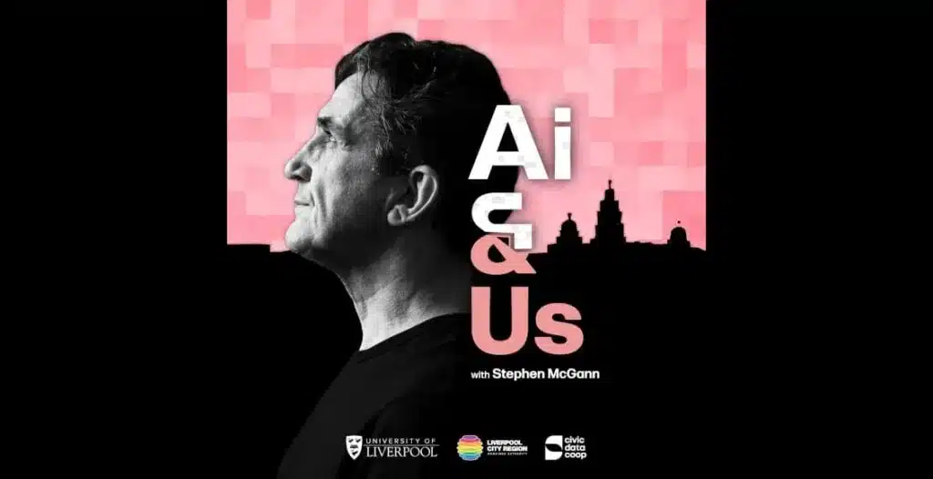 Podcast cover art for AI & Us: The Future in Our Hands by Audio Always, featuring host Stephen McGann with AI-themed background