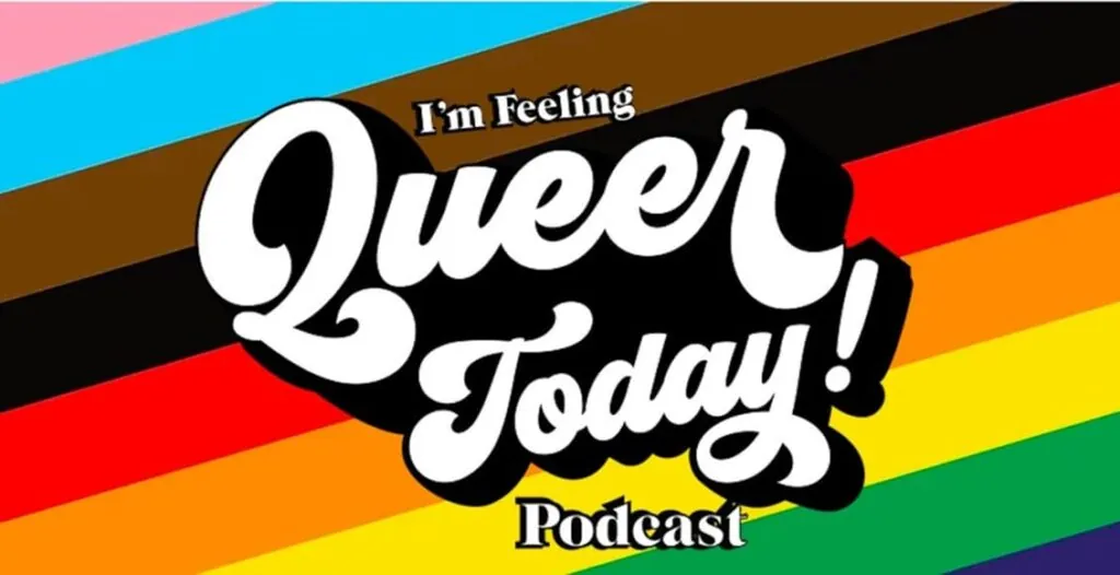 Cover art of ‘I’m Feeling Queer Today!’ podcast featuring colorful illustrations of diverse queer youth and a road trip map across the U.S