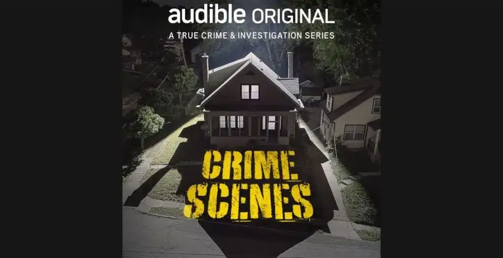 Podcast cover art for Audible’s true crime series "Crime Scenes" narrated by Emilia Fox, featuring global crime scenes in dark tones and dramatic design.