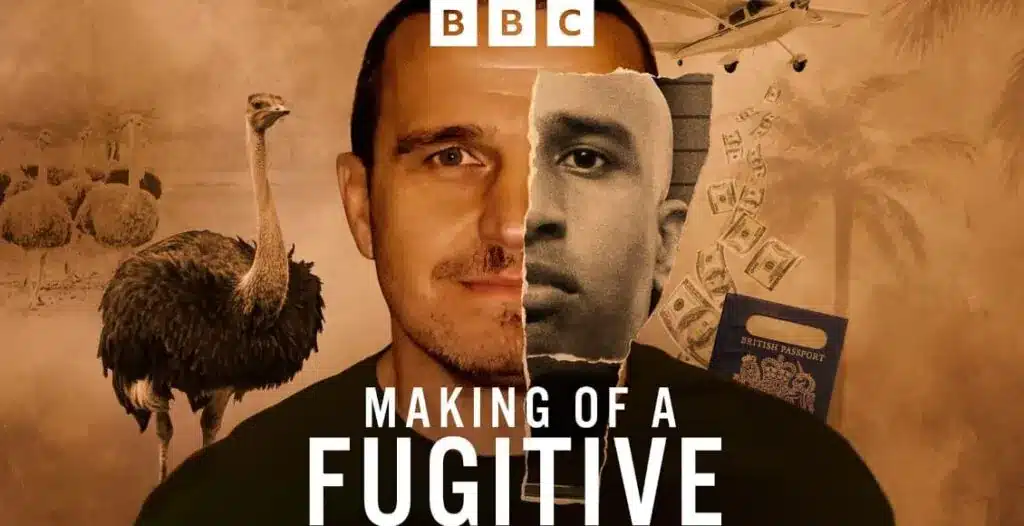 Podcast cover art for BBC Sounds series Making of a Fugitive, depicting shadowy figures and a cityscape background, hinting at themes of pursuit and secrecy.