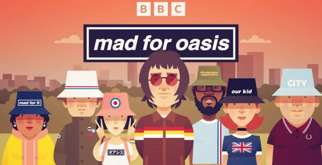 Podcast cover art for "Mad For Oasis" featuring stylized illustrations of Oasis band members by artist Stanley Chow.