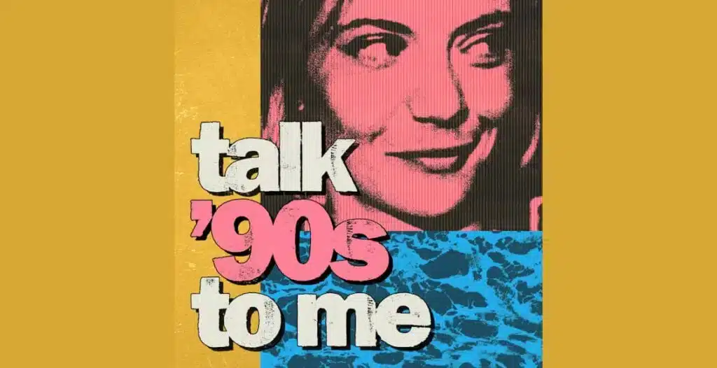 Miranda Sawyer in headphones smiling at the mic with bold ’90s visuals in the background – Talk ’90s To Me Podcast Launch Promo 2025