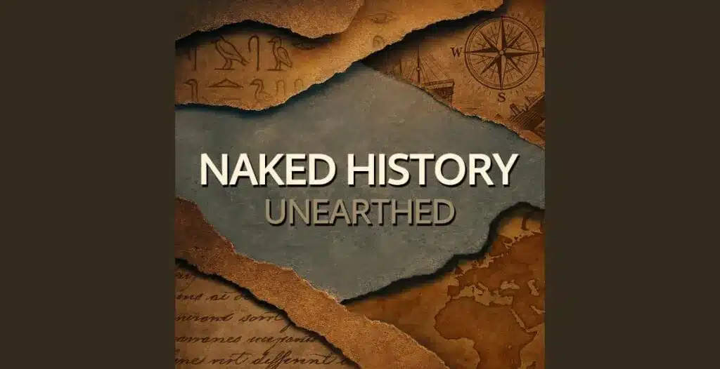 Podcast cover art for Windfall Films' Naked History – Unearthed featuring ancient ruins, archaeologists, and iconic world monuments in a cinematic style.