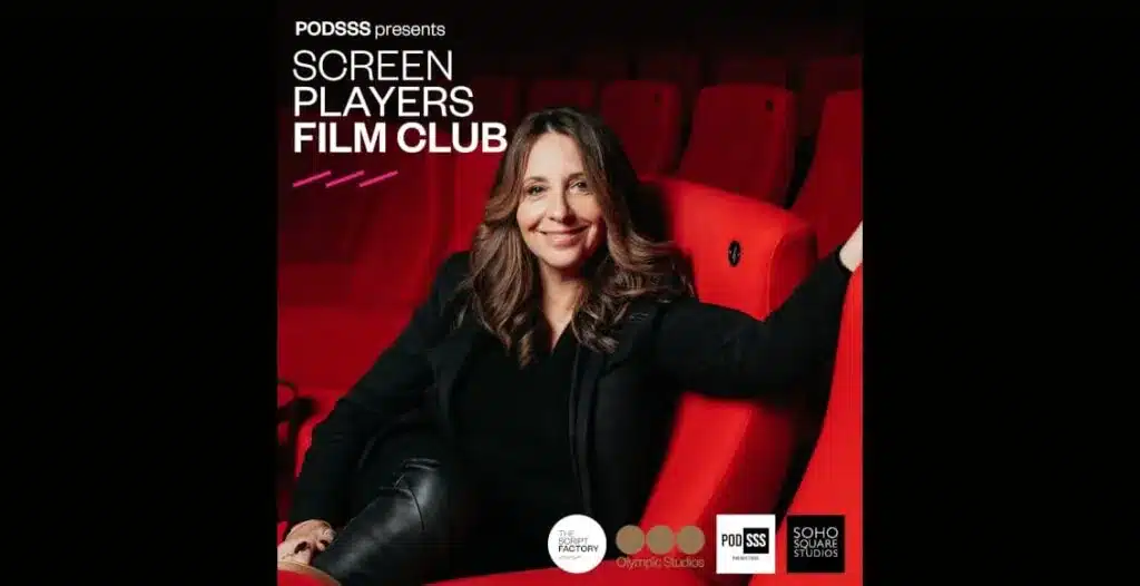 Podcast cover image for Screen Players Film Club – black and gold design with film reel illustration and text overlay.