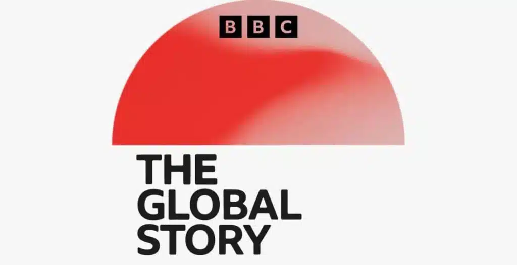 The Global Story—featuring the BBC logo and portraits of hosts Asma Khalid and Tristan Redman, set against a globe imagery background.