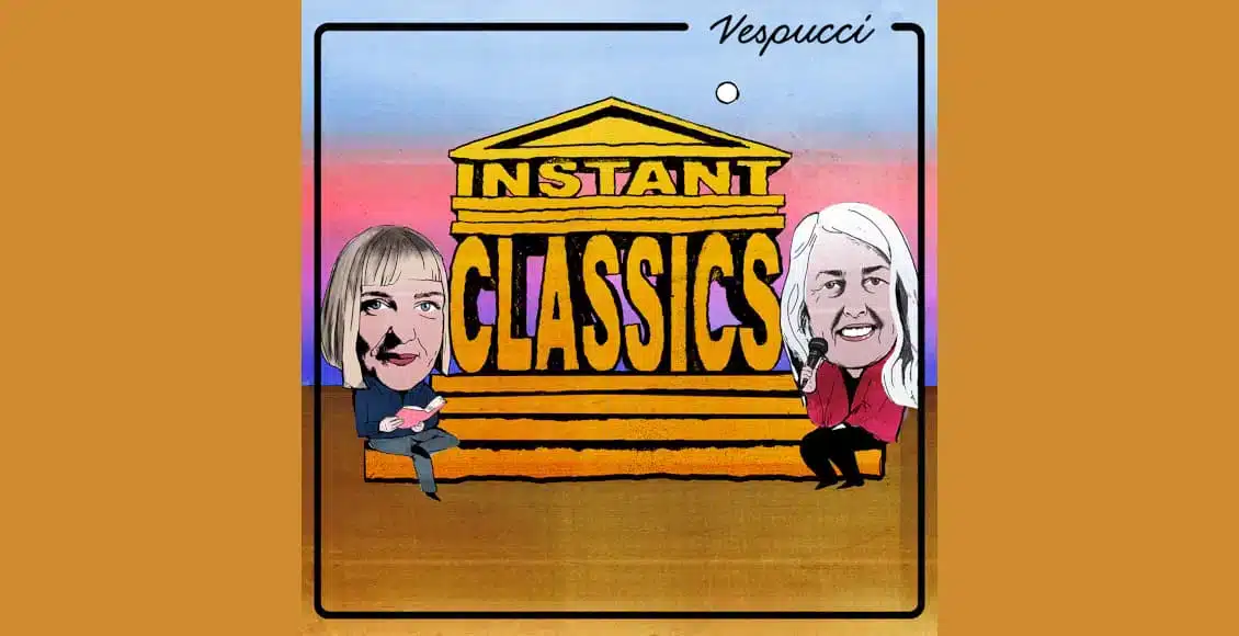 Mary Beard and Charlotte Higgins hosting Instant Classics podcast in studio