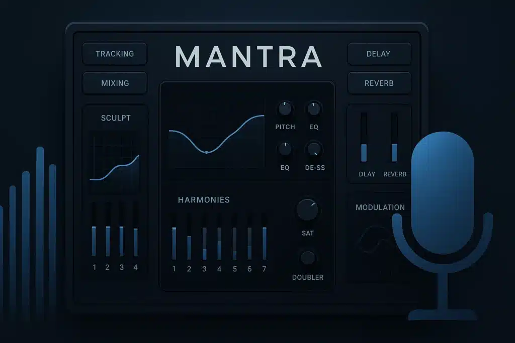 Neural DSP Mantra vocal production plugin interface showcasing AI-powered processing and harmonies module.