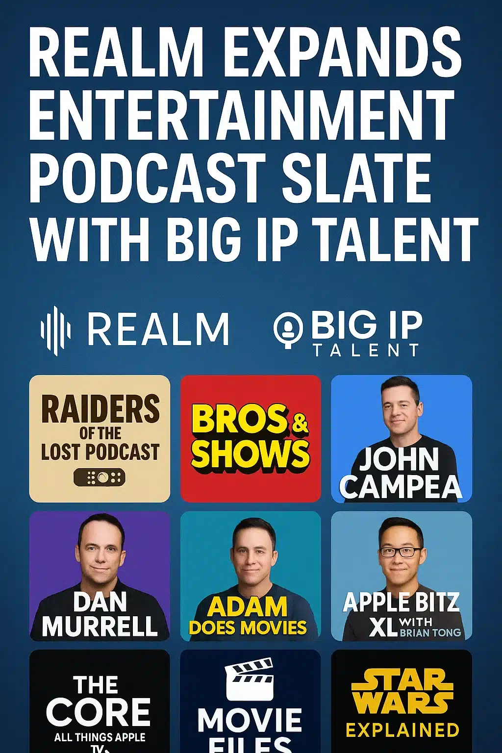 Realm and Big IP Talent logos alongside popular entertainment podcast thumbnails