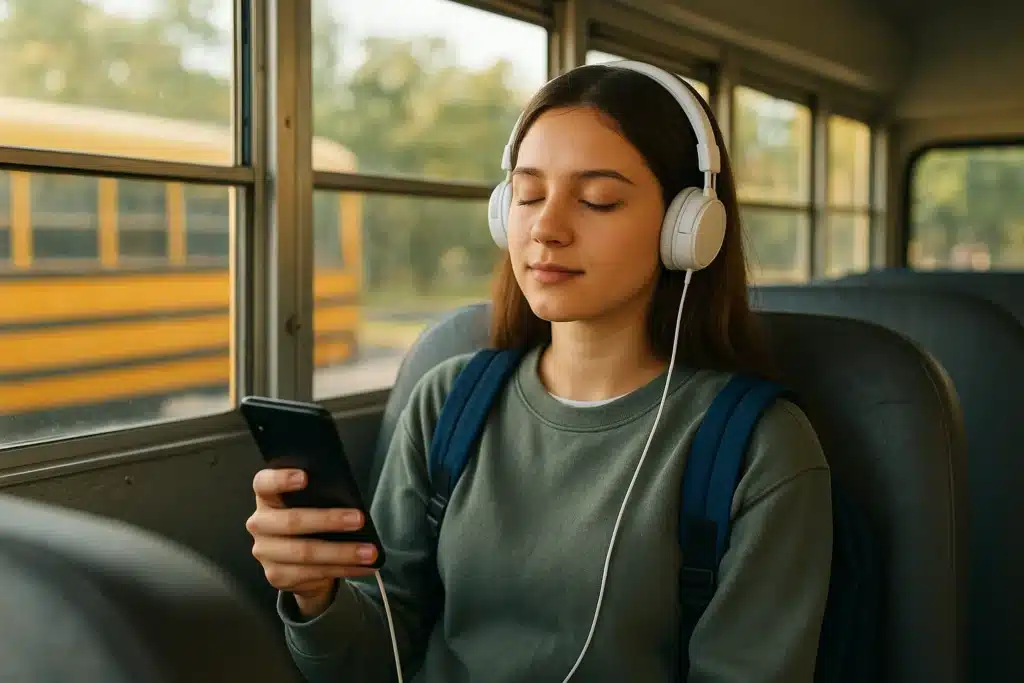 Gen Z students listening to podcasts on Spotify during morning commute back-to-school season.