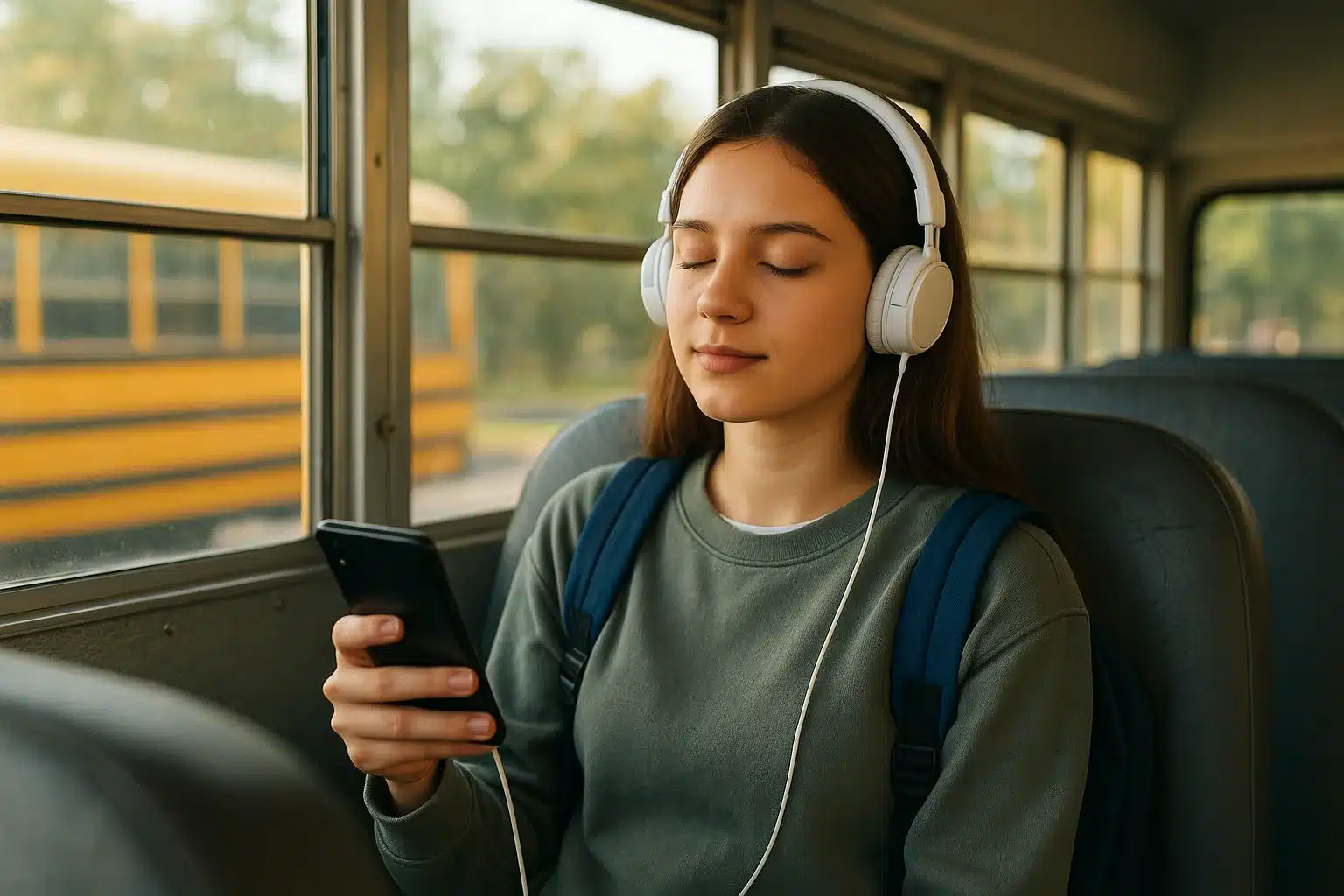 Gen Z students listening to podcasts on Spotify during morning commute back-to-school season.