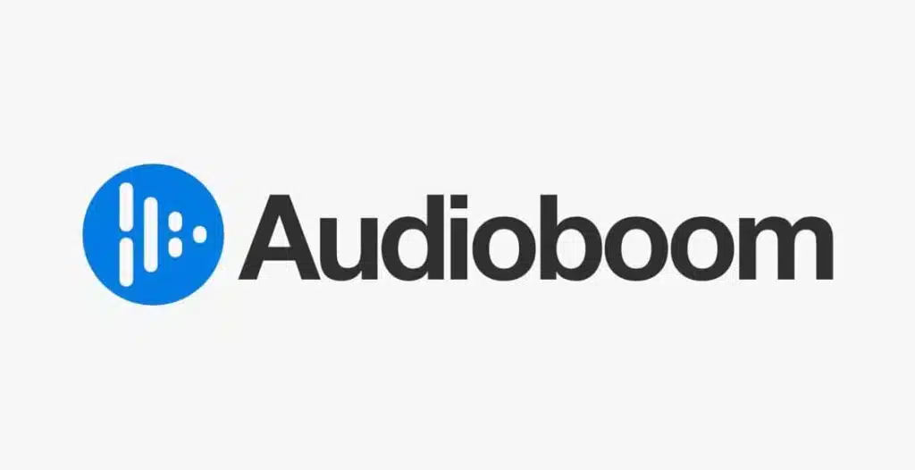 Audioboom logo with $325M creator payout milestone, video podcast growth chart, happy podcast creators recording in studio