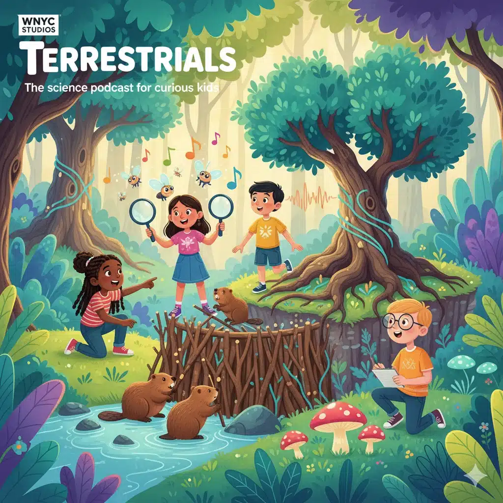 Children listening to Terrestrials podcast with colorful illustrations of animals and nature-inspired designs