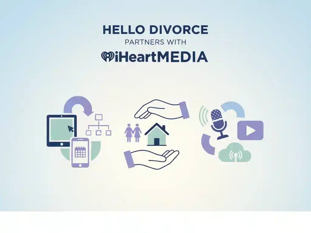 Hello Divorce and iHeartMedia logos representing partnership to expand national access to online divorce services.