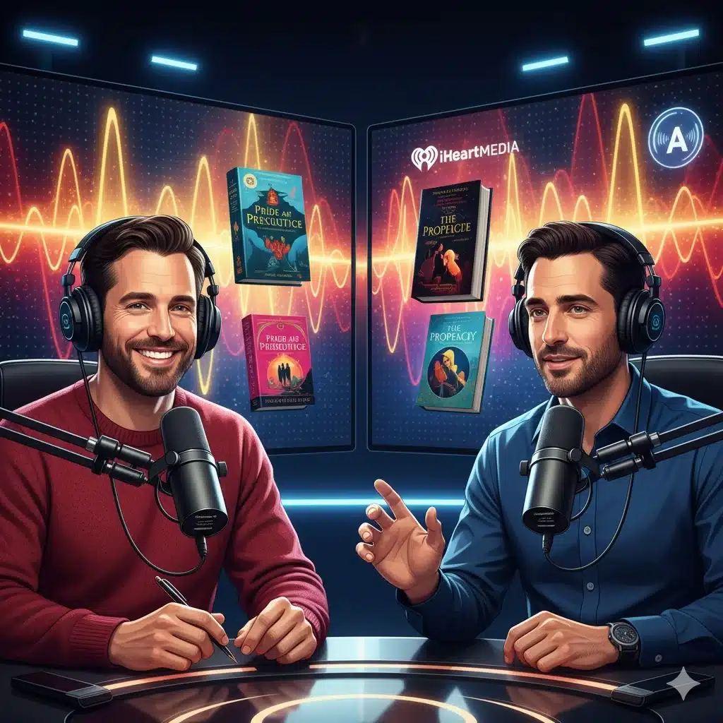 Audible and iHeartMedia podcast hosts Ed Helms and Kal Penn in studio discussing audiobooks for Earsay series.